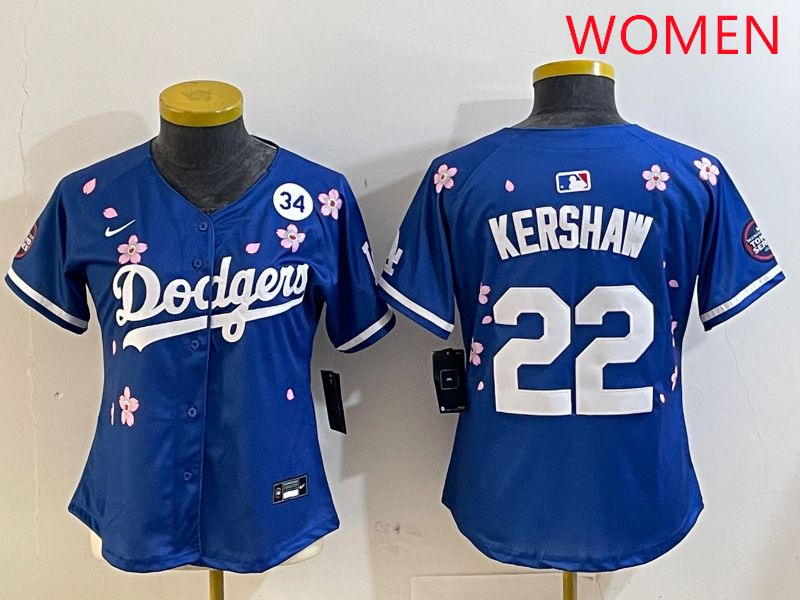 Women Los Angeles Dodgers #22 Kershaw Blue White Blue Sakura Edition 2025 Nike MLB Jersey style 7